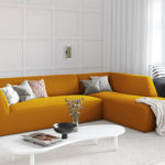 Rohová pohovka buro s područkami pravá 273 cm samet hořčicová